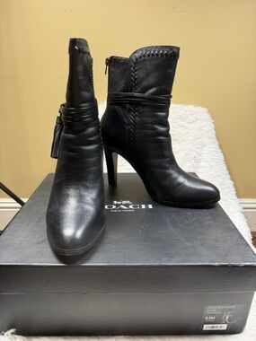 Coach Jessie Silky Nappa Soft Leather High-Heel Ankle Booties with Tassel Wrap